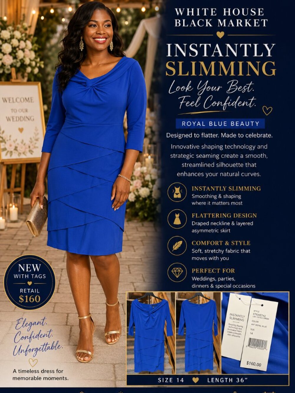 White House Black Market Royal Blue Instantly Slimming Dress Size 14 NWT